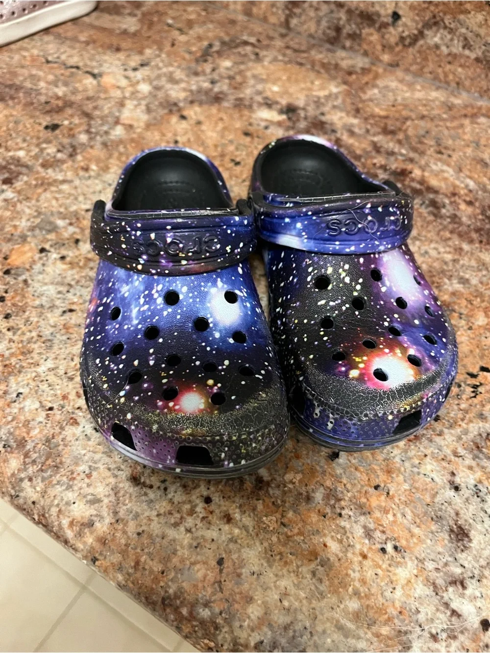 CROCS Kids Galaxy Print Clogs in Black and Purple